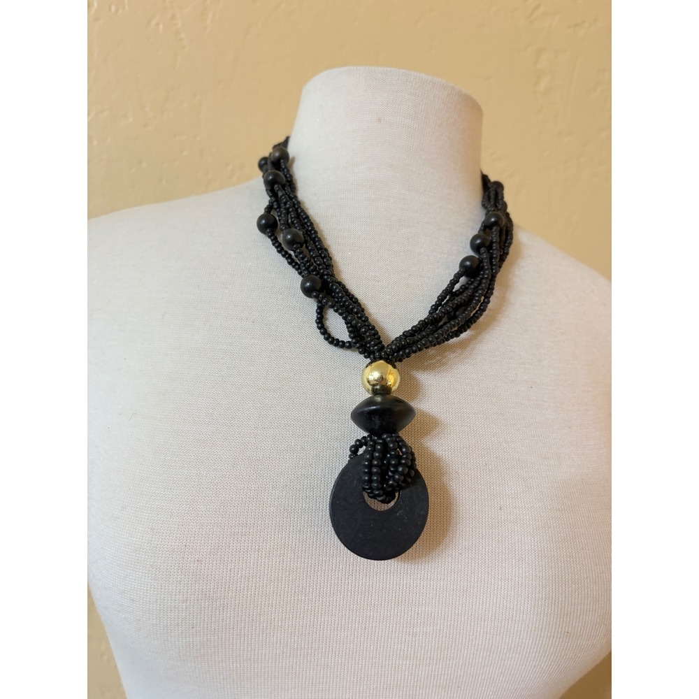 Vintage Black Multi Strand Wood Bead Statement Necklace Gold Accent Pendant Boho